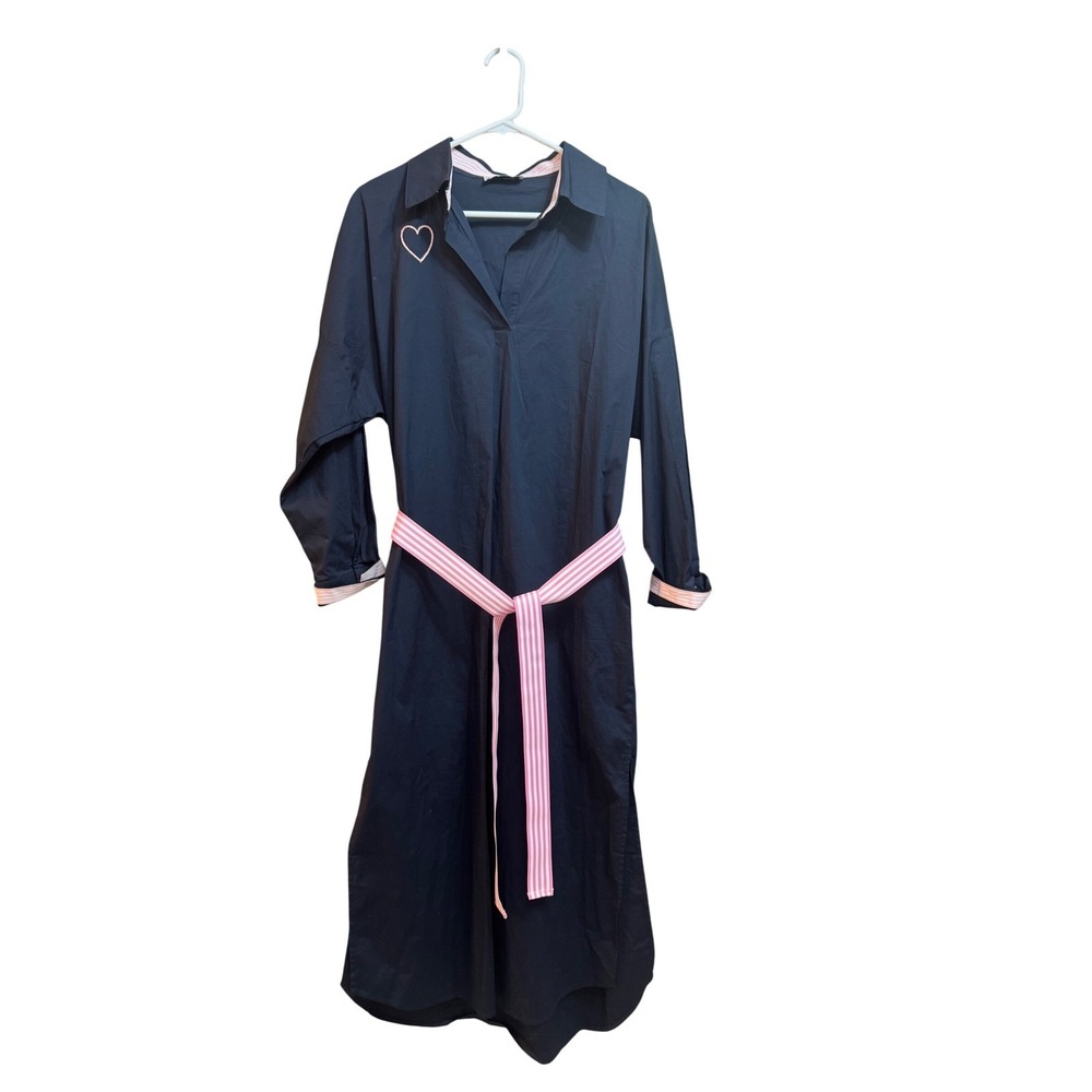 Caryn Lawn Navy‎ Poplin Shirt Dress Pink Stripe Belt  Popover Tunic One Size